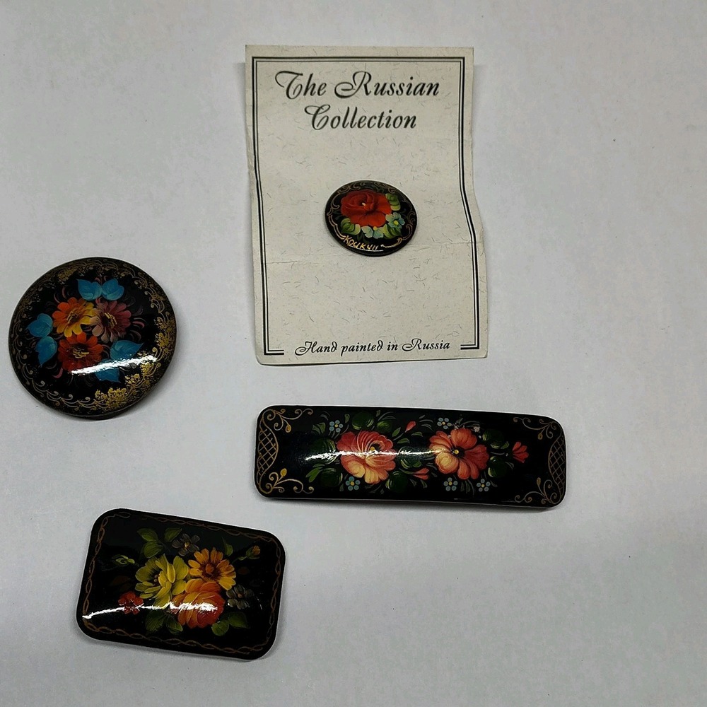 Vintage Russian hand painted and lacquered pins and hair barrette with bag